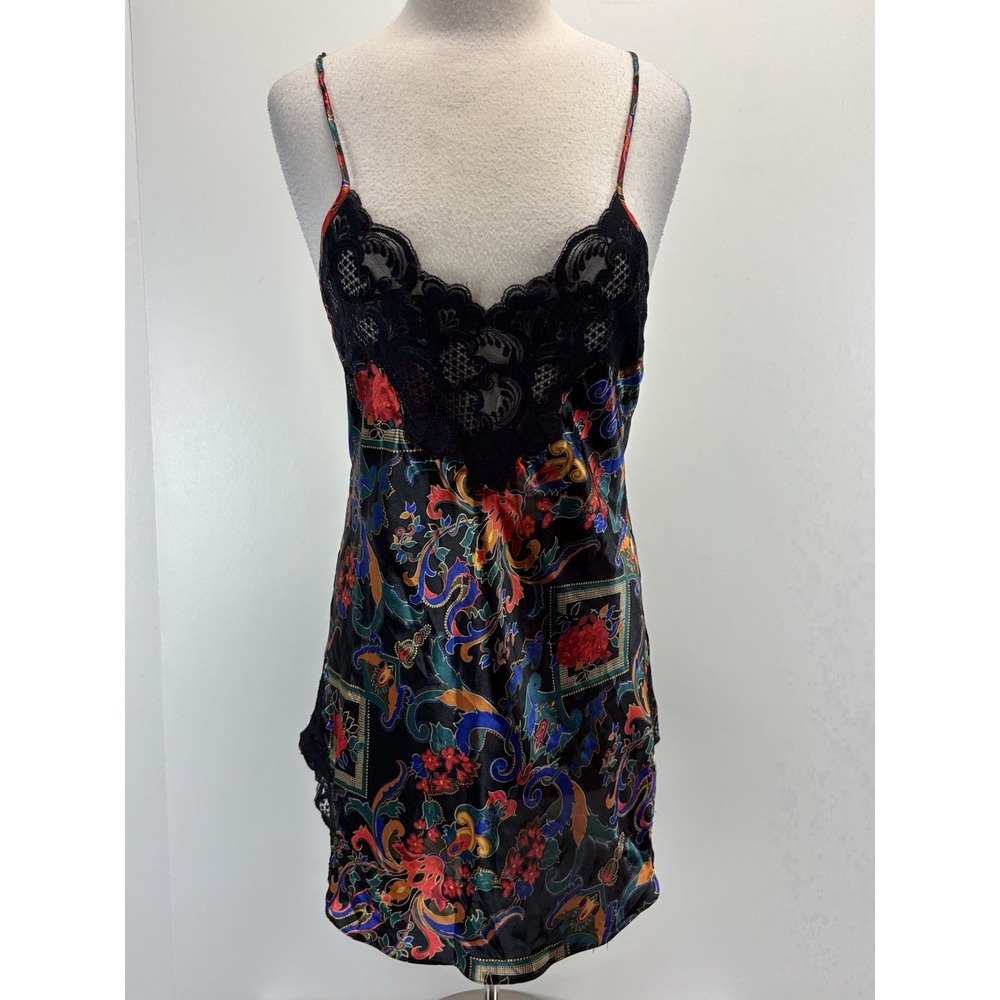 Vtg Victorias Secret Chemise Slip Nightgown M Black Floral Satin Gold Label 90s